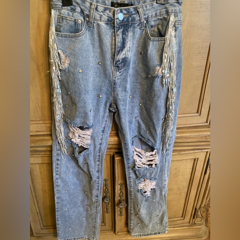 Rhinestone fringe jeans!